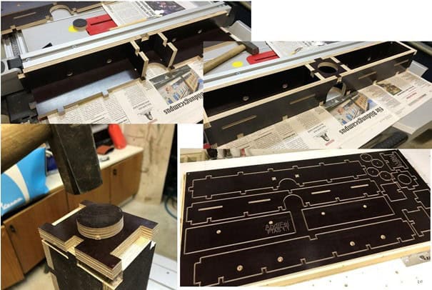 Bildersammlung vom Zusammenbau des Fräsanschlag und CNC Teile in Siebdruck