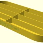 Langer, ovaler OpenSCAD-Schubladen-Organizer mit abgerundeten Enden und Gravur „L150 × B360 × H25 mm“, schmale Längsfächer