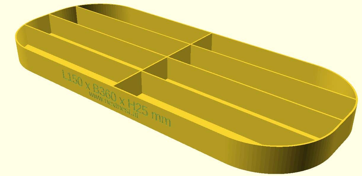 Langer, ovaler OpenSCAD-Schubladen-Organizer mit abgerundeten Enden und Gravur „L150 × B360 × H25 mm“, schmale Längsfächer