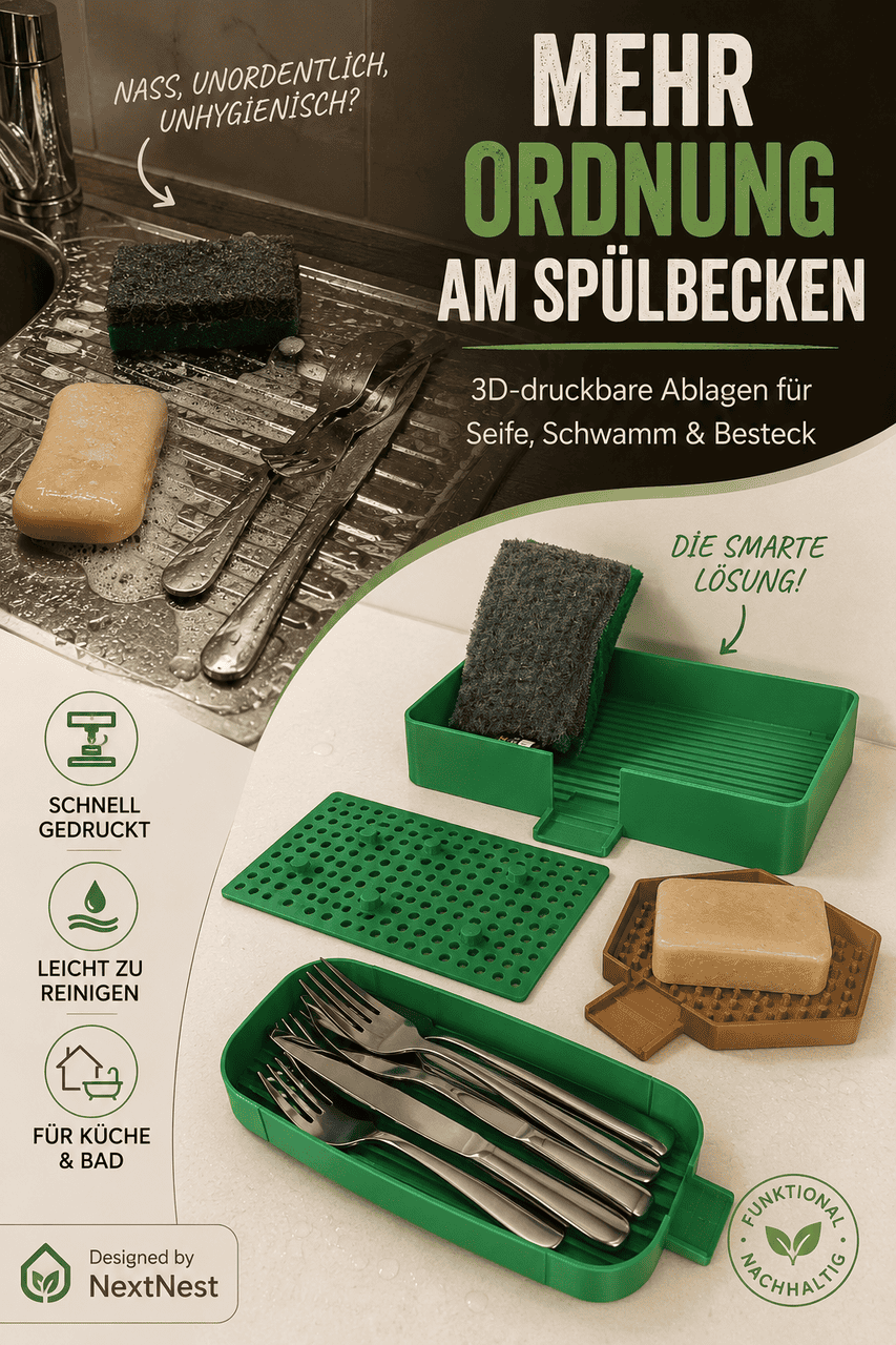 3D-gedruckte Seifenschale, Schwammhalter und Besteckablage am Spülbecken